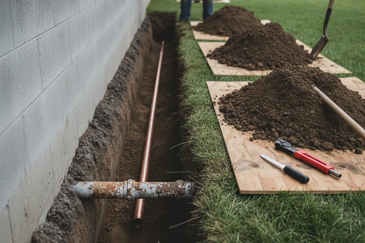 Excavated water line trench during Water Softener Installation in Tuskegee